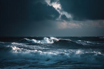 Naklejka premium Towering waves crash beneath a dramatic, star-strewn night sky in this slow-shutter seascape, evoking power and awe.