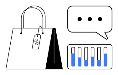 Shopping bag with discount tag, speech bubble with dots, and analytics bar chart. Ideal for retail, marketing, e-commerce, discounts, analytics, data trends simple landing page