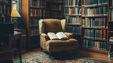 Open Book on Armchair in Classic Library Setting for Reading