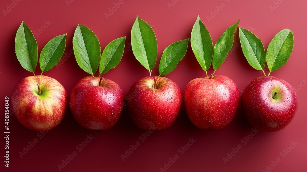 Poster row of five apples with green leaves on top. the apples are shiny and red. concept of freshness and 