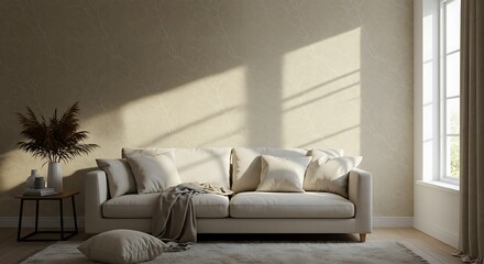 Sunlit Serenity: Neutral Hues & Cozy Living Room AI Generated