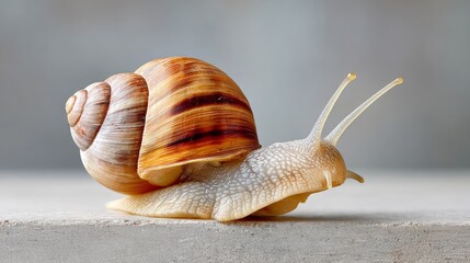 Large brown and tan snail is laying on a grey surface. The snail is looking up at the camera