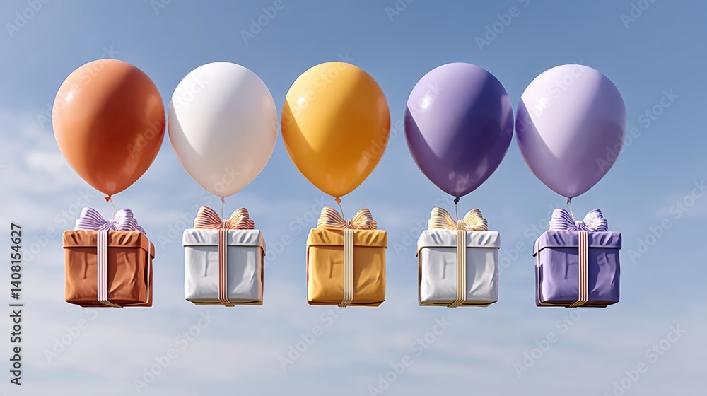 Poster group of balloons with five different colored boxes attached to them. the balloons are floating in t