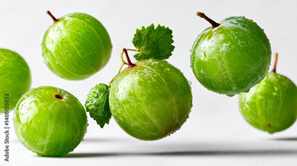 Poster bunch of green grapes are floating in the air. the grapes are green and shiny, and they are surround