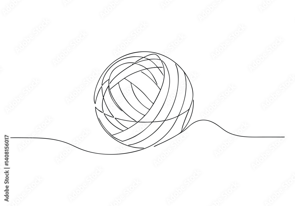 Poster minimalist black and white continuous line drawing of a ball of yarn with unraveling thread on a cle