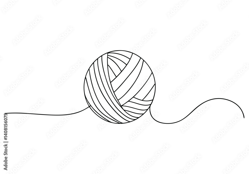 Poster minimalist black and white continuous line drawing of a ball of yarn with unraveling thread on a cle
