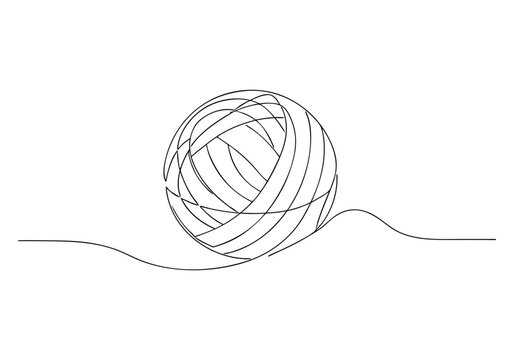 Minimalist black and white continuous line drawing of a ball of yarn with unraveling thread on a clean background in abstract style

