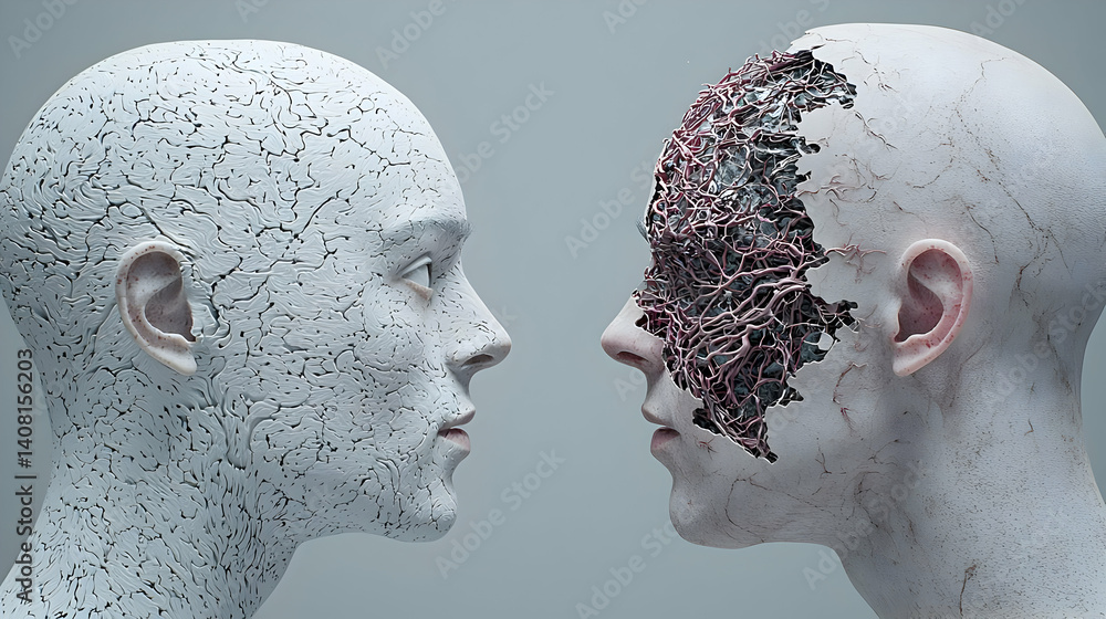 Poster two human faces in profile facing each other with pixelated texture and grey background
