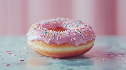 Vibrant Pink Donut with Colorful Sprinkles on White Background