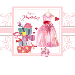 greeting card with princess dress, sweet pancake a gift, happy birthday girl