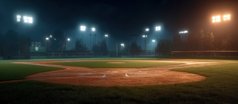 Nighttime baseball field with illuminated pitcher&rsquo;s mound and home plate, empty green field under stadium lights, distant stands and mountain silhouettes under starless dark blue sky.