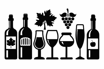 wine icon set sihouette black vector bundle