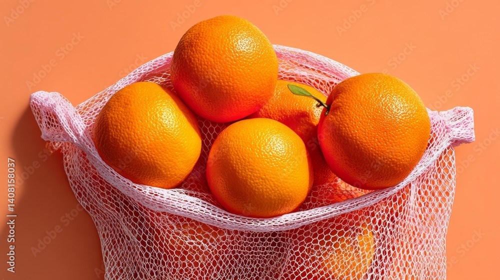 Poster bag of oranges is hanging from a string. the oranges are all different sizes and are all hanging fro