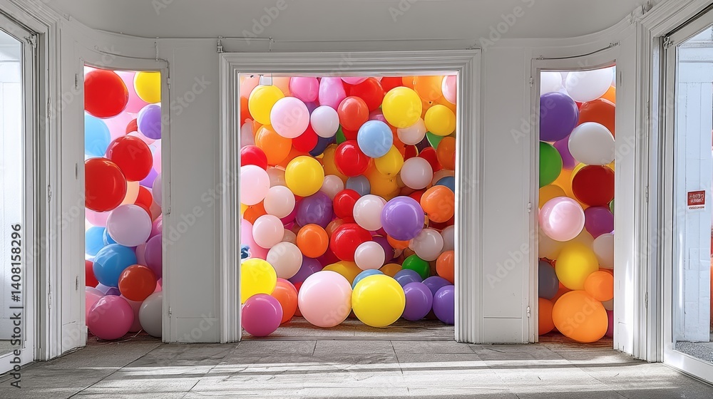 Poster room with a lot of balloons in it. the balloons are in different colors and sizes. the room is empty