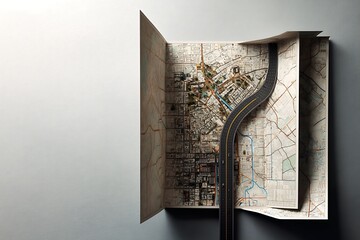 Obraz premium A folded map with a 3D highway traversing a detailed cityscape, symbolizing journey and urban planning.