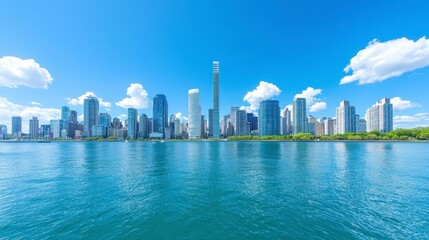Naklejka premium Vibrant City Skyline Reflected in Calm Water Under Blue Sky