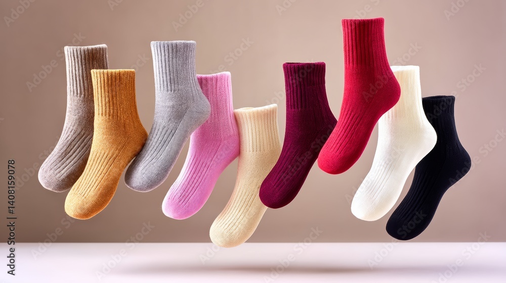 Poster row of colorful socks are shown in the air, with each pair having a different color. the socks are a