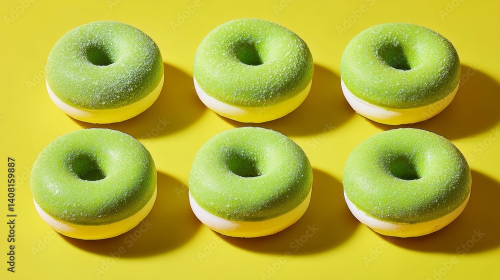 Poster row of green and yellow donuts with a yellow background. the donuts are arranged in a row and are al