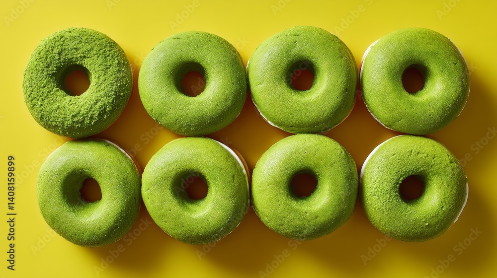 Poster row of green donuts with a yellow background. the donuts are arranged in a row and are all the same 