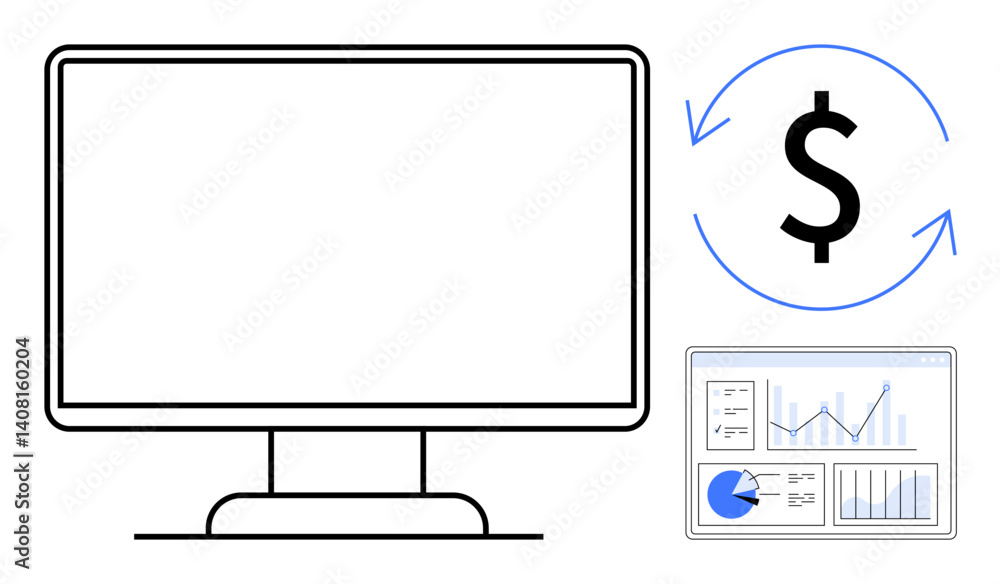 Poster desktop monitor, dollar symbol in circular arrows, and analytical dashboard with charts. ideal for f