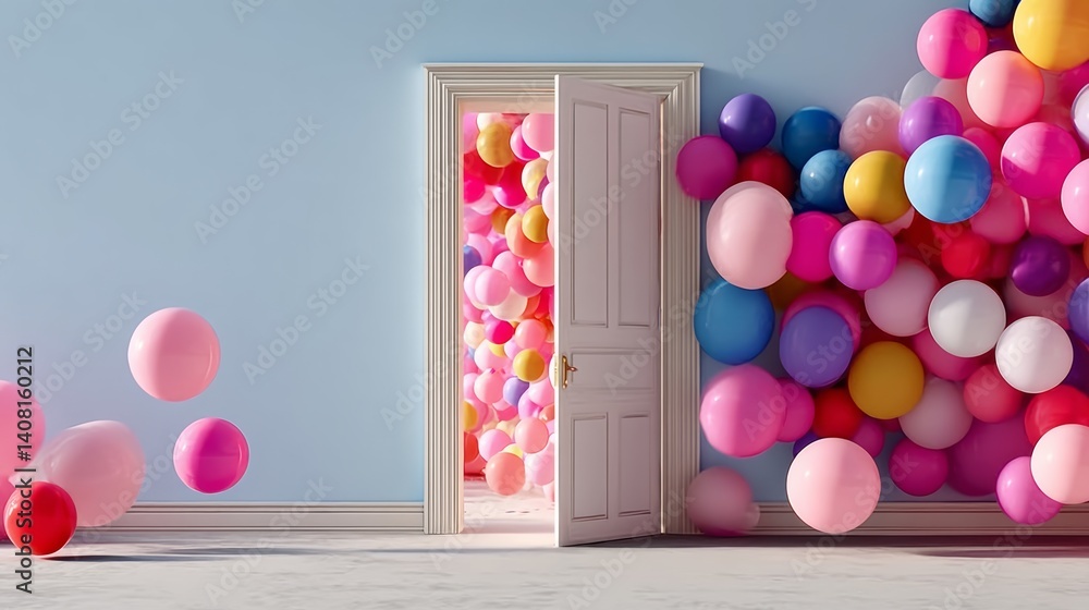 Poster room with a door that is open and filled with balloons of different colors. the balloons are scatter