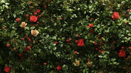 Lush floral backdrop of red and cream roses.
