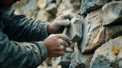 Mason cutting bricks for a wall construction. Featuring expertise and precision