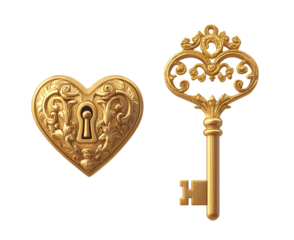  Gold heart-shaped lock and key clip art, transparent background.
