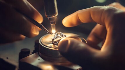 Jeweler polishing a sparkling gemstone ring with precision tools. Featuring luxury and refinement