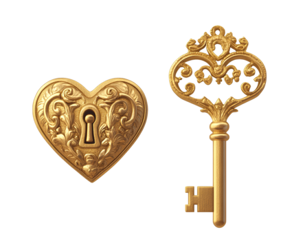  Gold heart-shaped lock and key clip art, transparent background.
