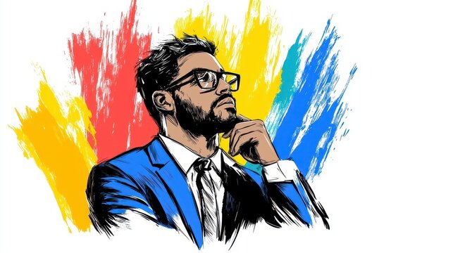 Thoughtful businessman in a colorful abstract background illustration