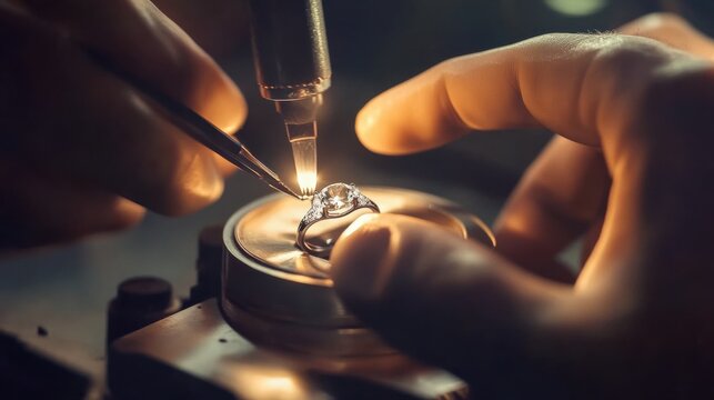 Jeweler polishing a sparkling gemstone ring with precision tools. Featuring luxury and refinement