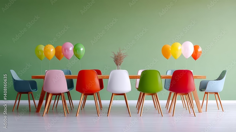 Poster long table with many chairs and balloons. the balloons are in different colors and sizes. the chairs