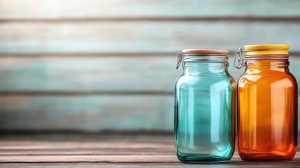 Two charming glass bottles with wooden and colored lids sit beautifully in a well-lit space, evoking a serene and warm vibe suitable for creative arrangements.