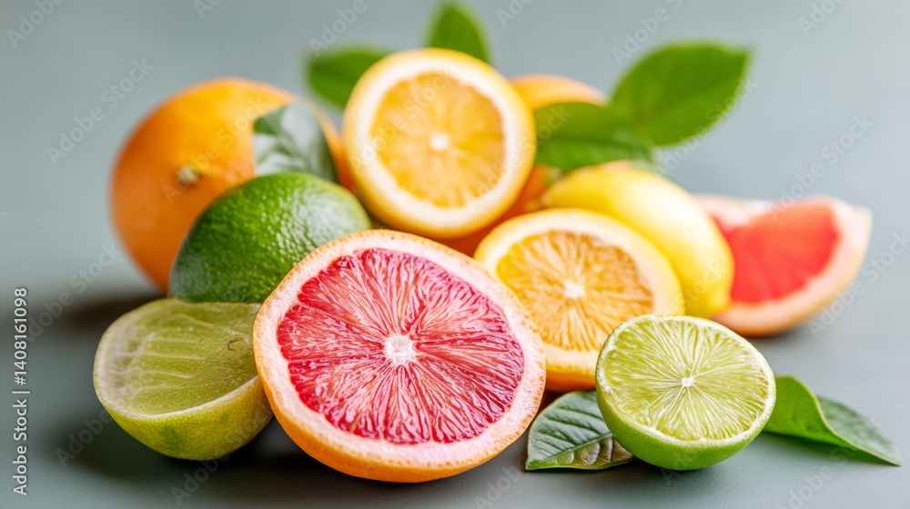 Poster bunch of oranges and limes are displayed on a table. the oranges are in various stages of ripeness, 