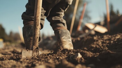 Construction worker leveling the ground for a foundation. Featuring focus and preparation