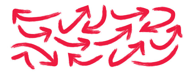 Collection of hand drawn arrows. Red hand drawn arrow element vector. Collection of doodle arrows, lines, symbol.