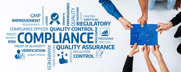 A collaborative scene showcasing hands working together on compliance and quality control. The...