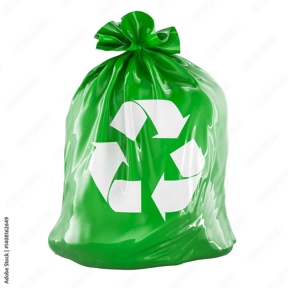 Poster green full garbage bag with recycle symbol, 3d rendering isolated on transparent background