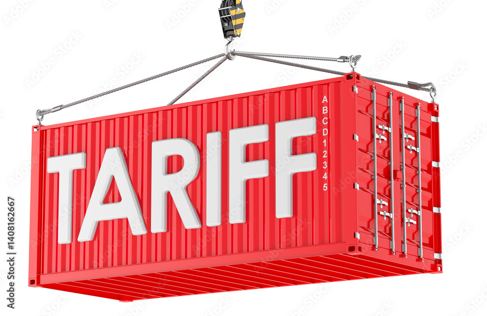 Poster trade tariffs, concept. cargo container with tariff text, 3d rendering isolated on transparent backg
