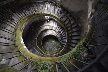 Decayed moss and crumbling stone define the spiraling steps of a deserted building, creating a hauntingly beautiful, atmospheric view.