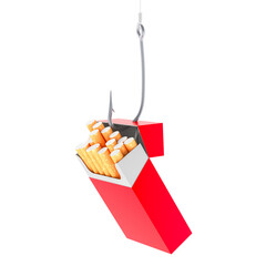 Fishing hook with cigarette pack. Nicotine dependence, tobacco addiction, concept. 3D rendering isolated on transparent background
