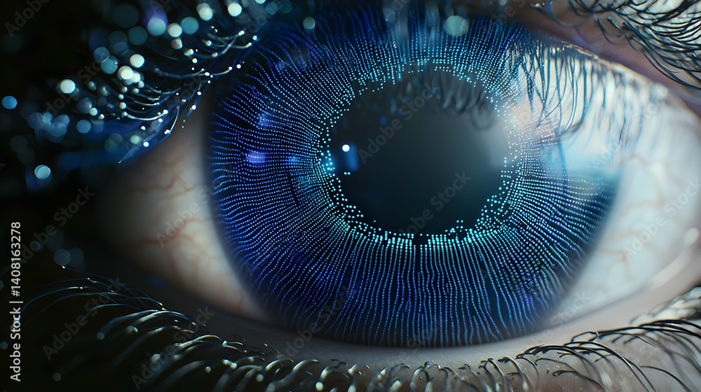 Poster close-up of a blue iridescent eye with digital technological data network pattern reflecting futuris