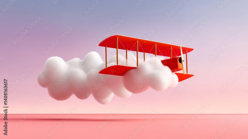 Poster Red airplane is flying through a cloudy sky. The clouds are fluffy and white, and the airplane is the only object in the scene. Concept of freedom and adventure