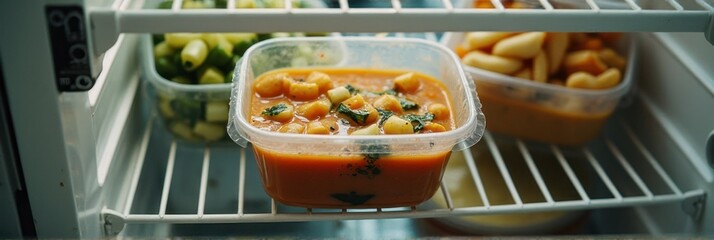 Homemade tomato soup with fresh herbs in fridge