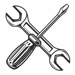 Crossed wrench and screwdriver icon in black and white. Ideal for repair, maintenance, and DIY themes. Clean vector symbol for logos, apps, and automotive projects.
