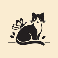 Minimalist Black and White Cat with Butterfly - Vintage Style Illustration.