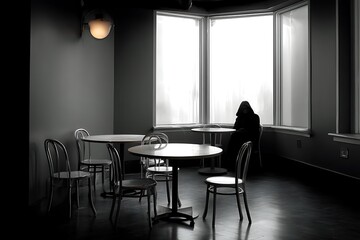 A lone figure sits in a dimly lit cafe, gazing out the window.
