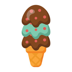 Three-scoop ice cream cone with chocolate topping and sprinkles, ideal for summer-themed packaging, menus, and sweet treat branding