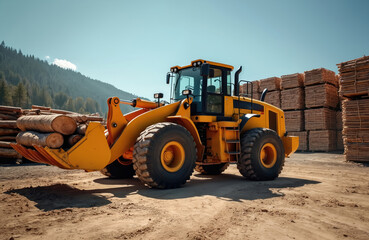 Yellow heavy loader transports logs at timber products warehouse. Lumber industry, sawmill production, construction. Machine transports wood. Vehicle works outdoors on sunny day. Logging industry,